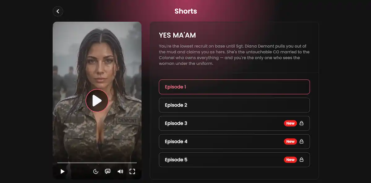 YES MA'AM Candy Shorts series page showing Sgt. Diana Demont and the five episode list